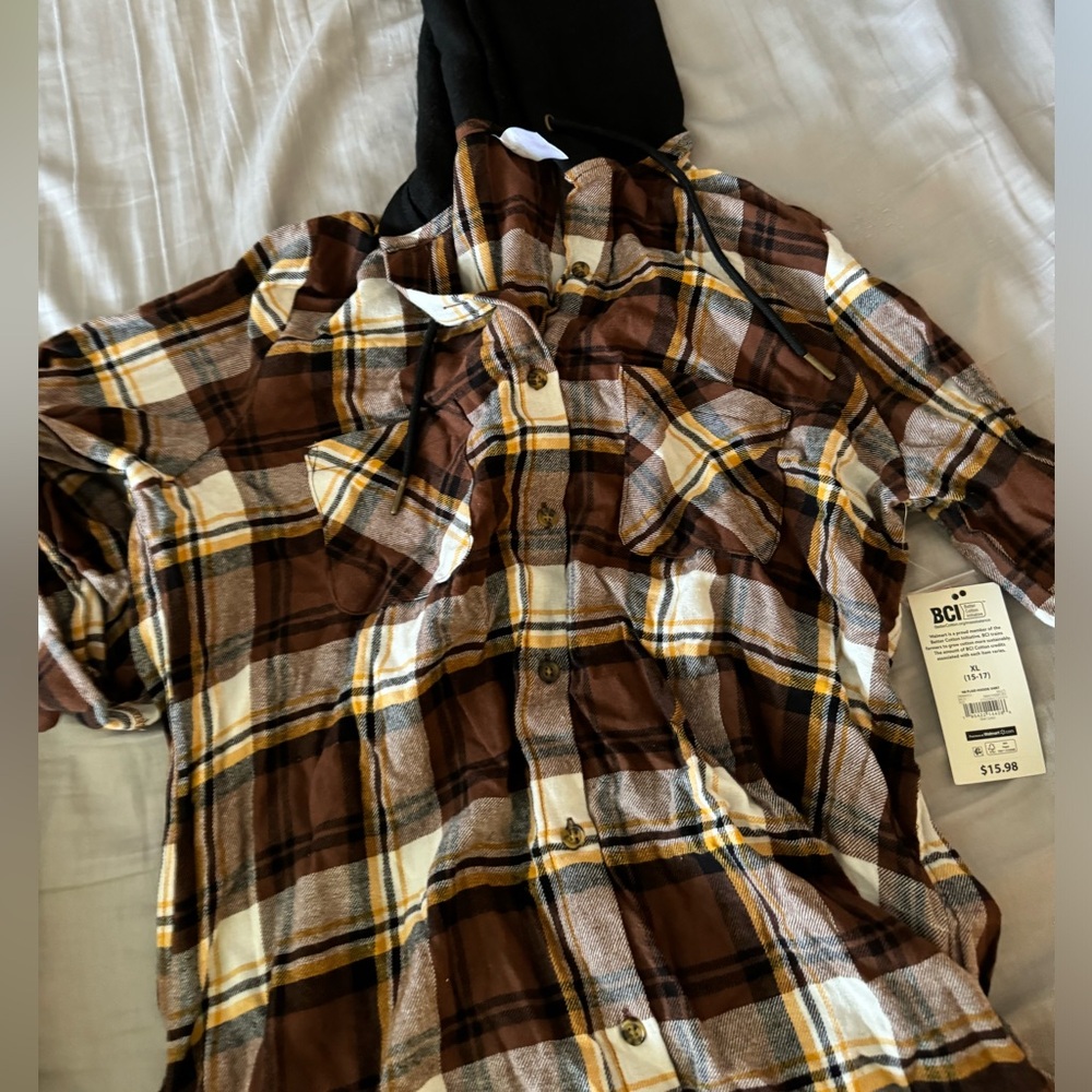 Women’s Brown Plaid Button-Up Shirt with Hood
